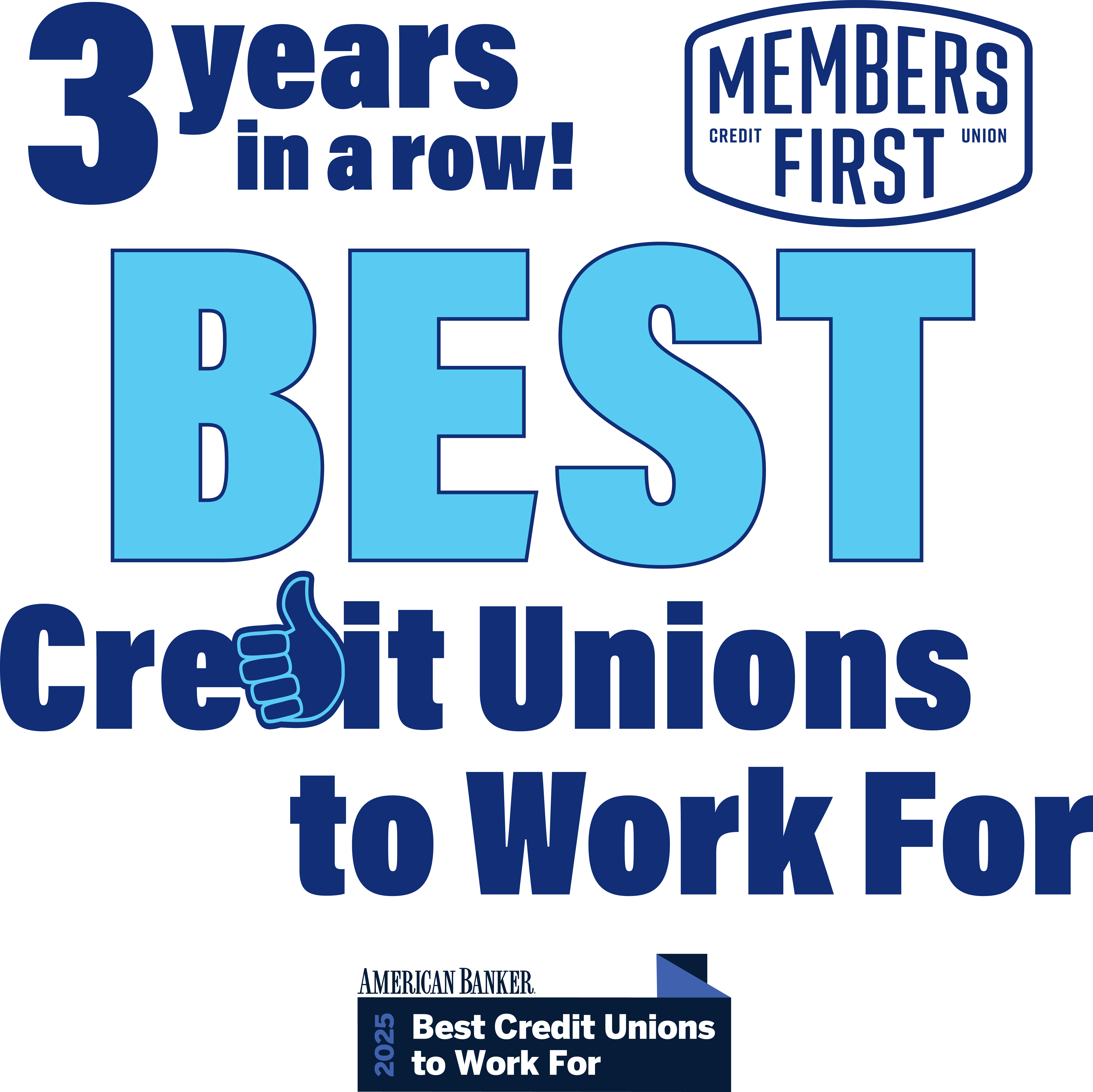 3 years in a row! Best Credit Union to Work for.